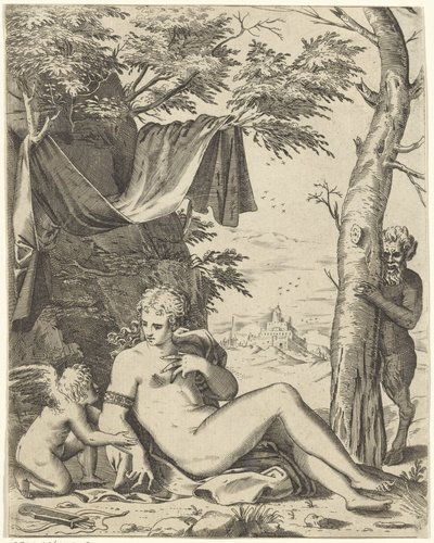 Wenus, miłość w sater autorstwa Agostino Carracci (attributed to)