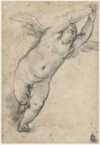 Latające putto z uniesionymi rękami autorstwa Agostino Carracci (attributed to)