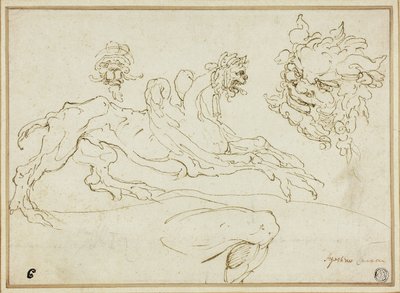 Cztery szkice: Gryf, Groteskowa głowa, Głowa Satyra, Zgięta noga autorstwa Agostino Carracci