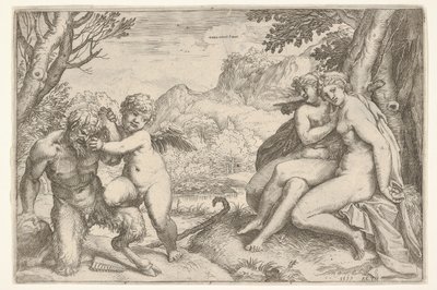 Miłość zwycięża wszystko Omnia vincit Amor, w walce z satyrem Amor stawia prawą k..., 1599. autorstwa Agostino Carracci