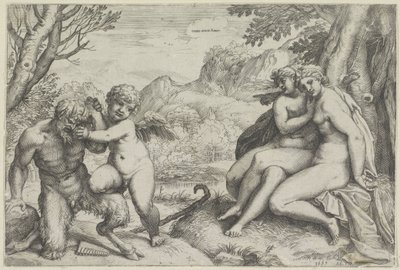 Miłość zwycięża wszystko (tytuł na obiekcie) autorstwa Agostino Carracci