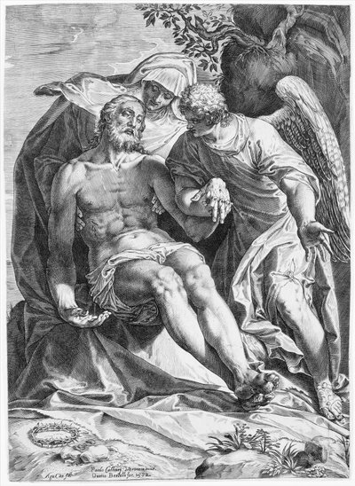 Pieta, Chrystus wspierany przez Dziewicę i anioła po prawej, 1582. autorstwa Agostino Carracci