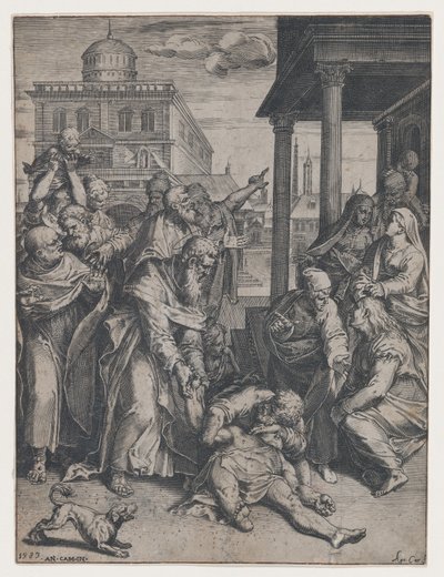 Św. Paweł podnoszący Patroklosa, który leży na ziemi, otoczony przez grupę gapiów, ..., 1583. autorstwa Agostino Carracci