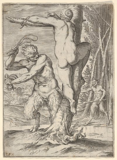 Satyr biczuje nimfę, która jest pokazana od tyłu i przywiązana do drzewa, druga saty..., ok. godz. 1590-95. autorstwa Agostino Carracci