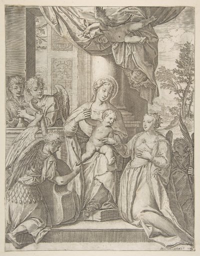 Mistyczne zaślubiny św. Katarzyny, która siedzi w centrum z Dzieciątkiem Jezus, anioły z..., 1585. autorstwa Agostino Carracci