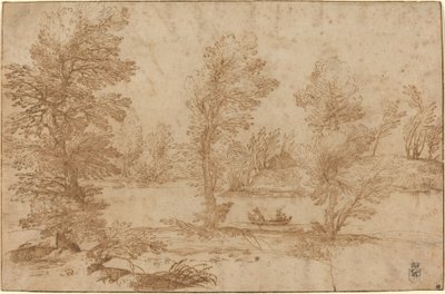 Rzeka leśna z łodzią autorstwa Agostino Carracci