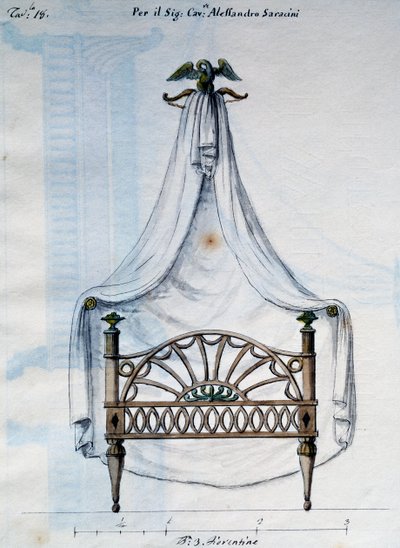 Łóżko z baldachimem dla Aleksandra Saracensa, z Dzieła stolarza i ślusarza wymyślone i zaprojektowane przeze mnie Agostino Fantastici), rękopis 3, tablica 18 (1782-1845) autorstwa Agostino Fantastici