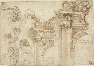 Arkusz szkiców: Morskie potwory i rozbudowane portale (recto); Szkice detali architektonicznych (verso) autorstwa Agostino Mitelli