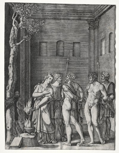 Orestes i Pylades sprowadzeni do Ifigenii na ofiarę, 15141536. autorstwa Agostino Musi