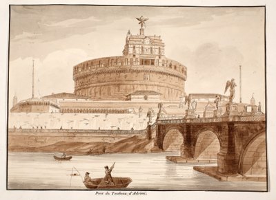 Most Grobowca Hadriana, 1833 (akwaforta z brązową lawiną) autorstwa Agostino Tofanelli
