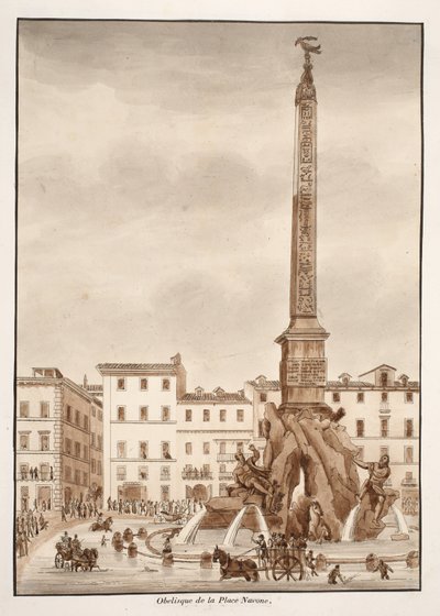 Obelisk na Piazza Navona, 1833 (trawienie z brązowym washem) autorstwa Agostino Tofanelli