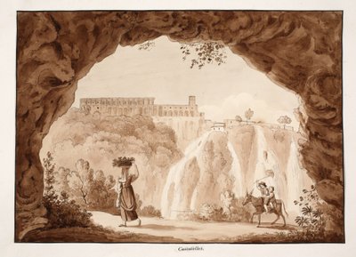 Wodospady w Tivoli, 1833 (akwaforta z brązową lawiną) autorstwa Agostino Tofanelli