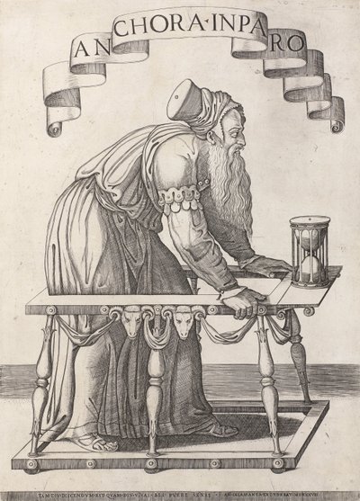 Alegoria starości Anchora inparo (tytuł na obiekcie) autorstwa Agostino Veneziano (attributed to)
