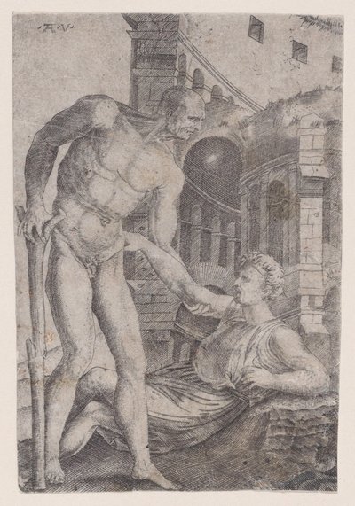 Mężczyzna pomaga komuś stanąć na nogi, ok. godz. 1514-36. autorstwa Agostino Veneziano