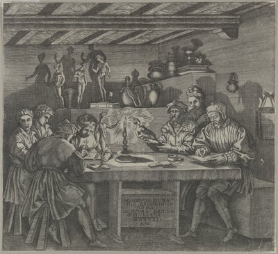 Baccio Bandinelli w swojej pracowni trzymający statuetkę Wenus, studenci szkicujący z miesiąca..., 1531. autorstwa Agostino Veneziano