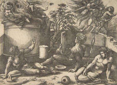 Kain trzymający lustro obserwujący swoją ofiarę pogrążoną w płomieniach, Adam i Ewa siedzą..., ok. godz. 1530-50. autorstwa Agostino Veneziano