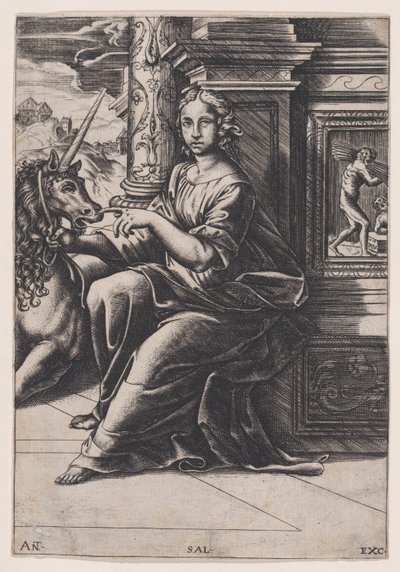 Chastity, siedząca kobieta, po jej prawej stronie jednorożec, ok. godz. 1515-30. autorstwa Agostino Veneziano