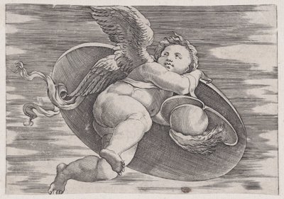 Eros kradnący tarczę człowieka, ca. 1514-36. autorstwa Agostino Veneziano
