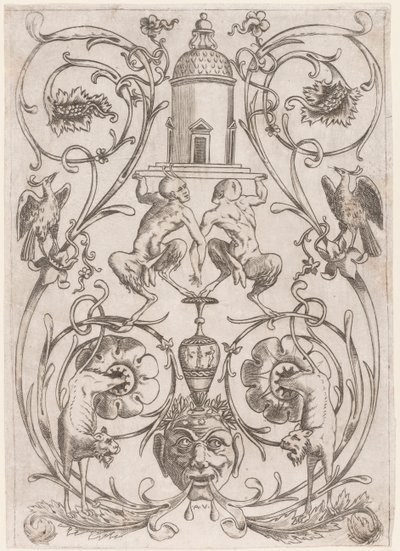 Ornament groteskowy z satyrami, z zestawu dwudziestu paneli ozdobnych autorstwa Agostino Veneziano