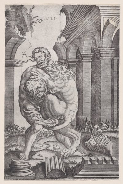 Herkules Dusi Lwa Nemejskiego, datowany na 1528 rok. autorstwa Agostino Veneziano