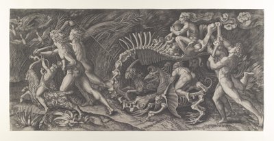 Lo Stregozzo: wiedźma jadąca na zwierzęcym szkielecie, poprzedzona przez dwóch mężczyzn i..., ok. 19 tys. 1515-25. autorstwa Agostino Veneziano