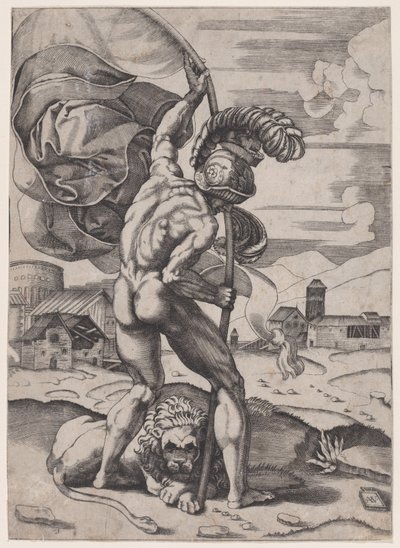 Człowiek z flagą, ca. 1514-36. autorstwa Agostino Veneziano