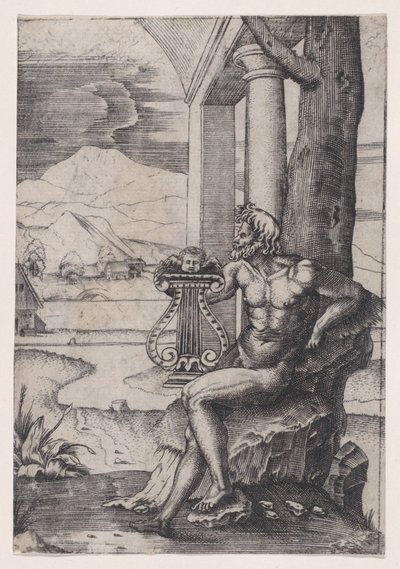 Człowiek z lirą, ca. 1514-36. autorstwa Agostino Veneziano