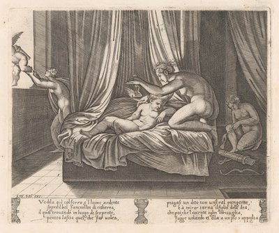 Ilustracja 13: Psyche patrząca na Kupidyna, z Historii Kupidyna i Psyche opowiedzianej przez Apulei..., 1530-60. autorstwa Agostino Veneziano