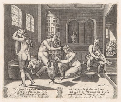 Płyta 7: Psyche uczestniczyła w kąpieli, z Historii Kupidyna i Psyche opowiedzianej przez Apu..., 1530-60. autorstwa Agostino Veneziano