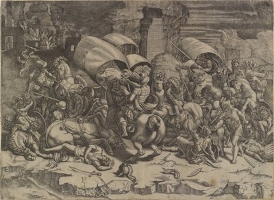 Bitwa między Scipio Africanus a Kartagińczykami („La bataille au coutelas”) autorstwa Agostino Veneziano