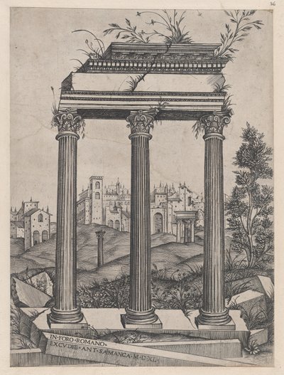 Lustro Wspaniałości Rzymskiej: Świątynia Antonina i Faustyny, XVI w., XVI w. autorstwa Agostino Veneziano.