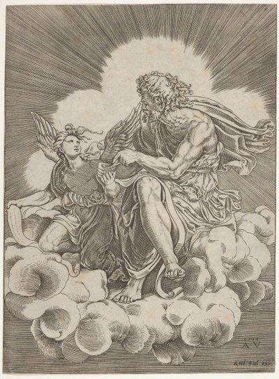 Św. Mateusz, siedzący na obłoku i zanurzający pióro w kałamarzu trzymanym przez anioła..., ok. godz. 1518-20. autorstwa Agostino Veneziano