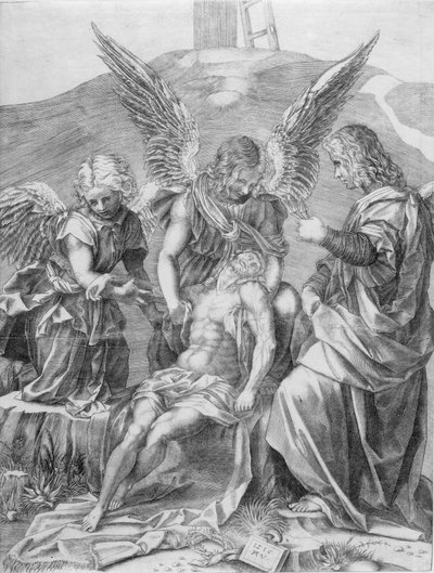Ciało Chrystusa wspierane przez trzech aniołów, 1516. autorstwa Agostino Veneziano