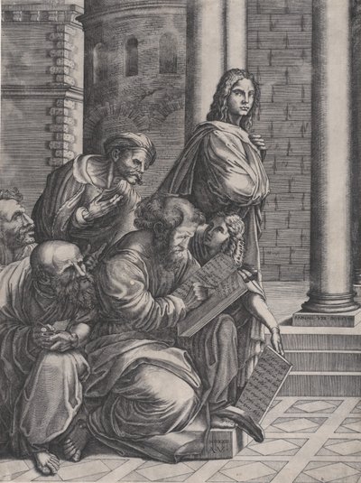 Grupa ze Szkoły Rafaela w Atenach, datowana na 1523 rok. autorstwa Agostino Veneziano