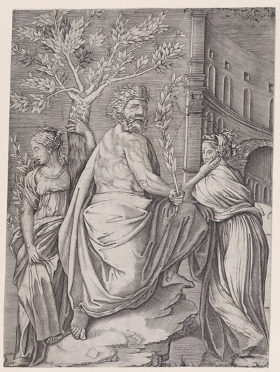 Człowiek z gałązką laurową, ca. 1514-36. autorstwa Agostino Veneziano