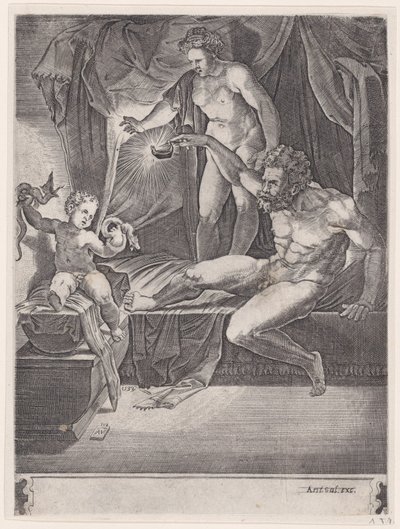 Młody Herkules w swojej kołysce, datowany na 1533 rok. autorstwa Agostino Veneziano
