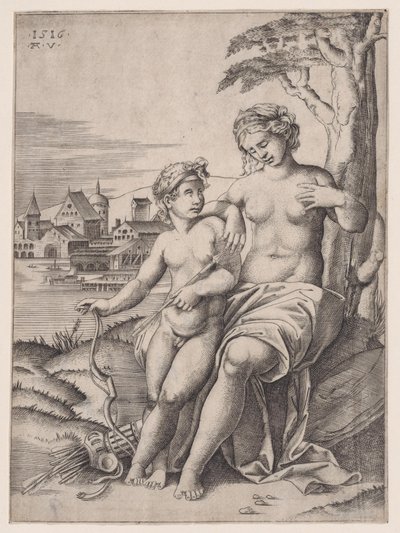 Wenus i Eros, dat. 1516. autorstwa Agostino Veneziano