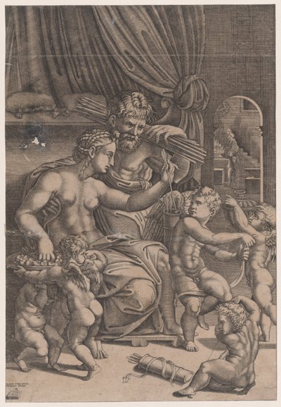 Wenus i Wulkan Otoczone Kupidynami, datowane na 1530 rok. autorstwa Agostino Veneziano