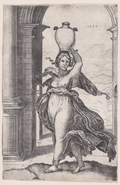 Kobieta niosąca na głowie wazon, dat. 1528., dat. 1528. autorstwa Agostino Veneziano
