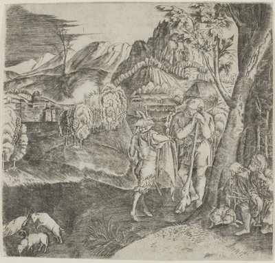 Pasterze i satyr na tle krajobrazu autorstwa Agostino dei Musi