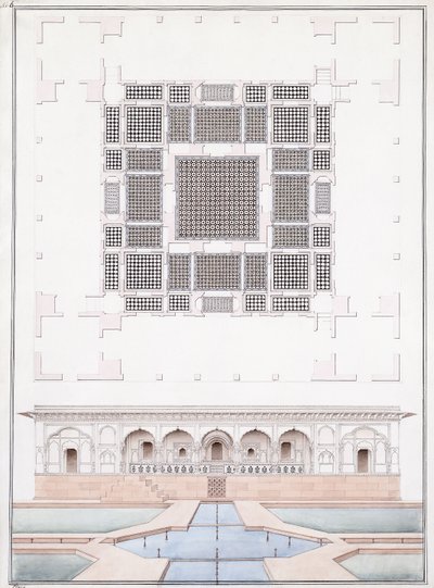 Elewacja frontu południowego i Garden Palace Suraj Bhawan at Dig, ok. 1830 (ołówek, długopis, szary tusz i akwarela) autorstwa Agra School