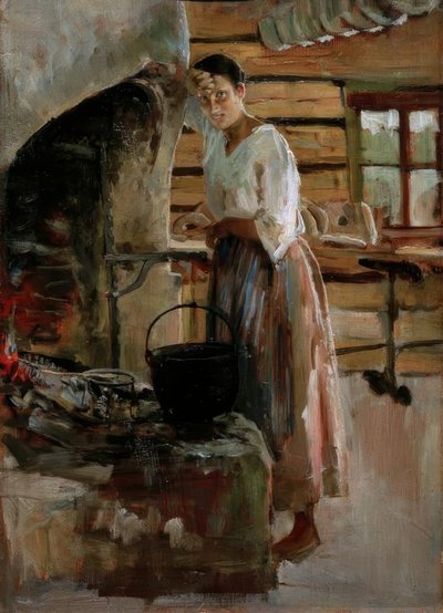 Żona gotuje sielawę autorstwa Akseli Valdemar Gallen Kallela