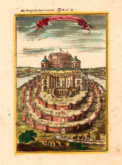 Twierdza i wiszące ogrody legendarnej królowej Semiramidy w Babilonie - Forteca Semiramidy - Miedzioryt i akwarela Alaina Manessona Malleta (1630-1706) autorstwa Alain Manesson Mallet