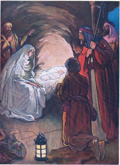 Dzieciątko Jezus i pasterze, z książki The Bible Picture Book opublikowanej przez Thomas Nelson, ok. 1950 r. (kolorowa litografia) autorstwa Alan & Stokes George Vernon (1873 1954) Wright