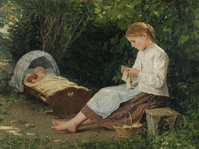 Dziewiarska dziewczyna obserwująca malucha w kołysce autorstwa Ankera Alberta (1831-1910). Olej na płótnie, format: 54x70 autorstwa Albert Anker