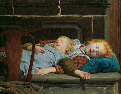 Dwie śpiące dziewczynki na ławce przy kuchence autorstwa Ankera Alberta (1831-1910). olej na płótnie autorstwa Albert Anker
