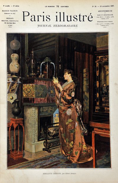Chińskie drobiazgi Europejka ubrana w orientalne stroje przygląda się swojej kolekcji chińskich przedmiotów. Ilustracja Alberta Aubleta (1851-1938). Rycina z 1887 r. w tygodniku „Paryż-Prześwietny””. autorstwa Albert Aublet