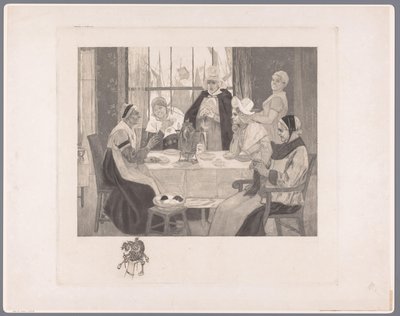 Towarzystwo kobiet w tradycyjnych strojach przy stole skandale autorstwa Albert Bertrand (attributed to)