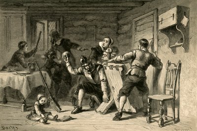 Purytanie barykadują swój dom przed Indianami, 1877. autorstwa Albert Bobbett