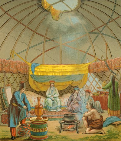 Kałmuk, namiot kałmucki, ilustracja z „Pełnej historii kostiumów” Racinet Auguste autorstwa Albert Charles August Racinet